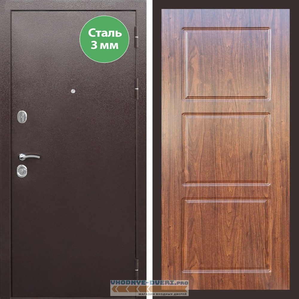 Входная дверь REX (Рекс) 5 металл 3мм медный антик ФЛ-3 мореная берёза