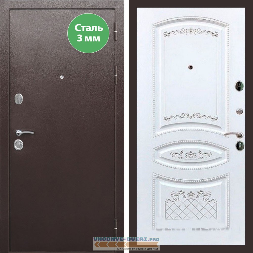 Входная дверь REX (Рекс) 5 металл 3мм медный антик ФЛ-317 белая патина серебро