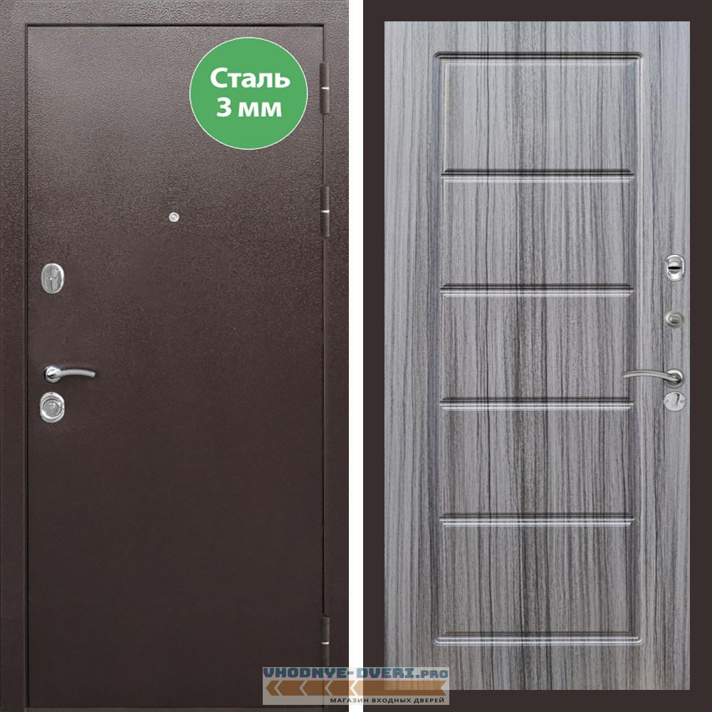 Входная дверь REX (Рекс) 5 металл 3мм медный антик ФЛ-39 Сандал серый