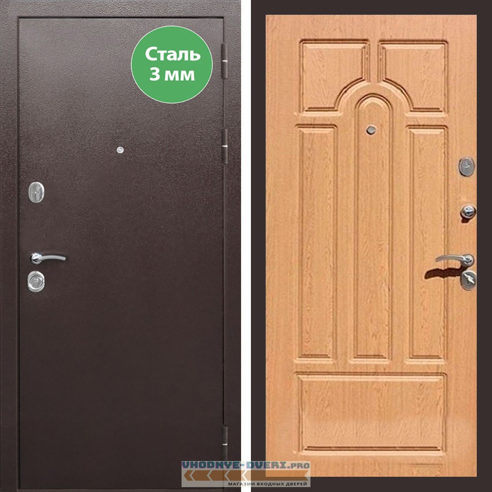 Входная дверь REX (Рекс) 5 металл 3мм медный антик ФЛ-58 дуб светлый