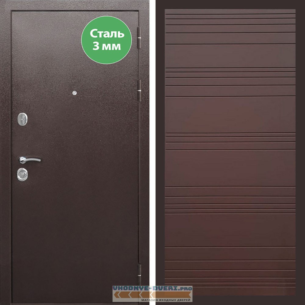 Входная дверь REX (Рекс) 5 металл 3мм медный антик полоски горизонтальные ясень шоколадный