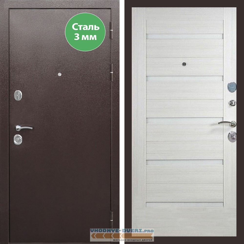 Входная дверь REX (Рекс) 5 металл 3мм медный антик сб-14 лиственница беж. белое стекло