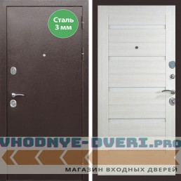 Входная дверь REX (Рекс) 5 металл 3мм медный антик сб-14 лиственница беж. белое стекло