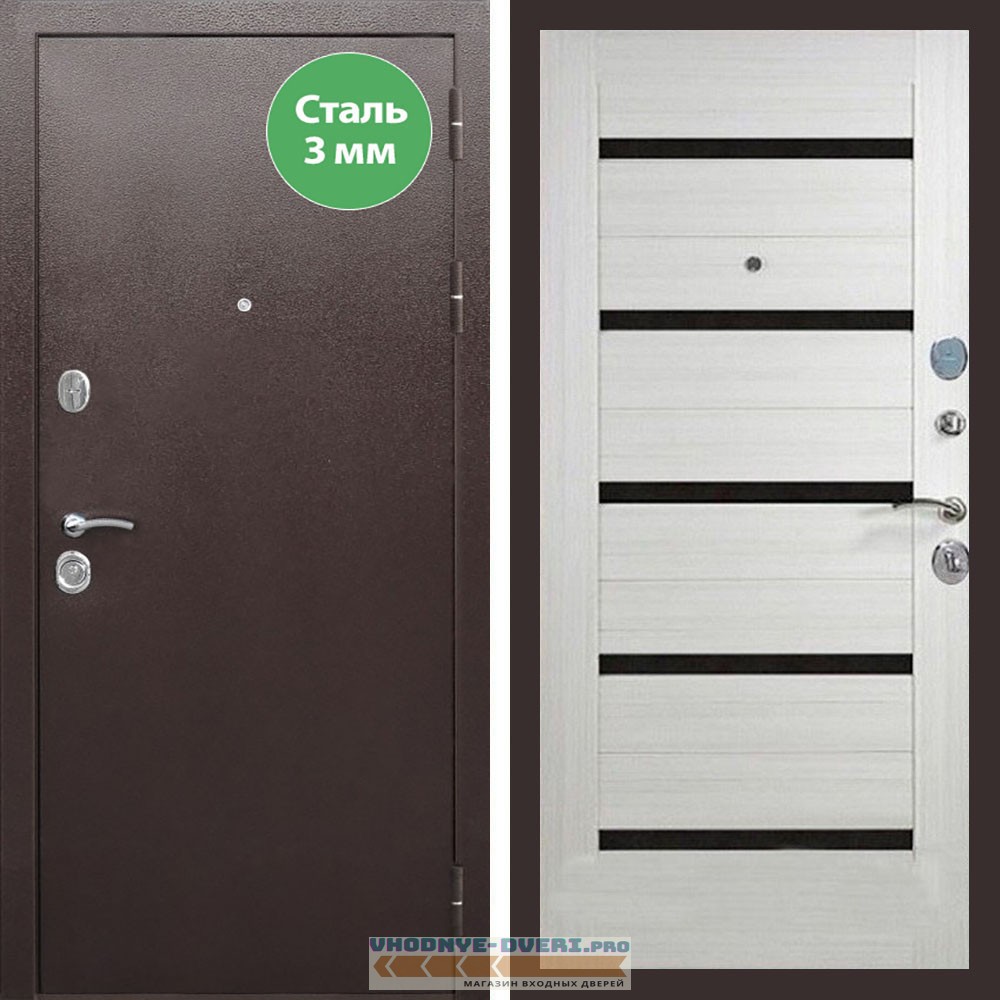 Входная дверь REX (Рекс) 5 металл 3мм медный антик сб-14 лиственница беж. черное стекло