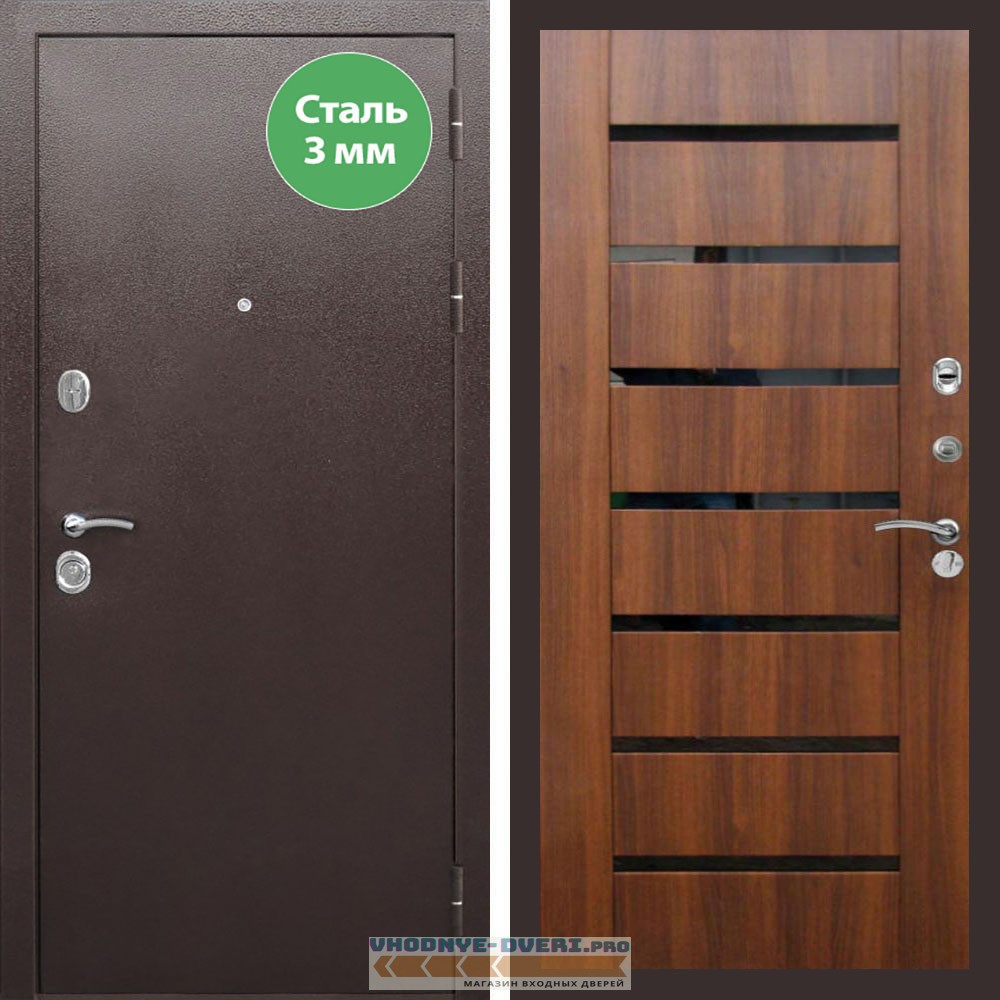 Входная дверь REX (Рекс) 5 металл 3мм медный антик СБ-14 Орех бренди стекло черное