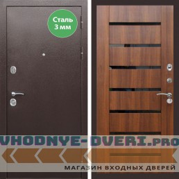 Входная дверь REX (Рекс) 5 металл 3мм медный антик СБ-14 Орех бренди стекло черное