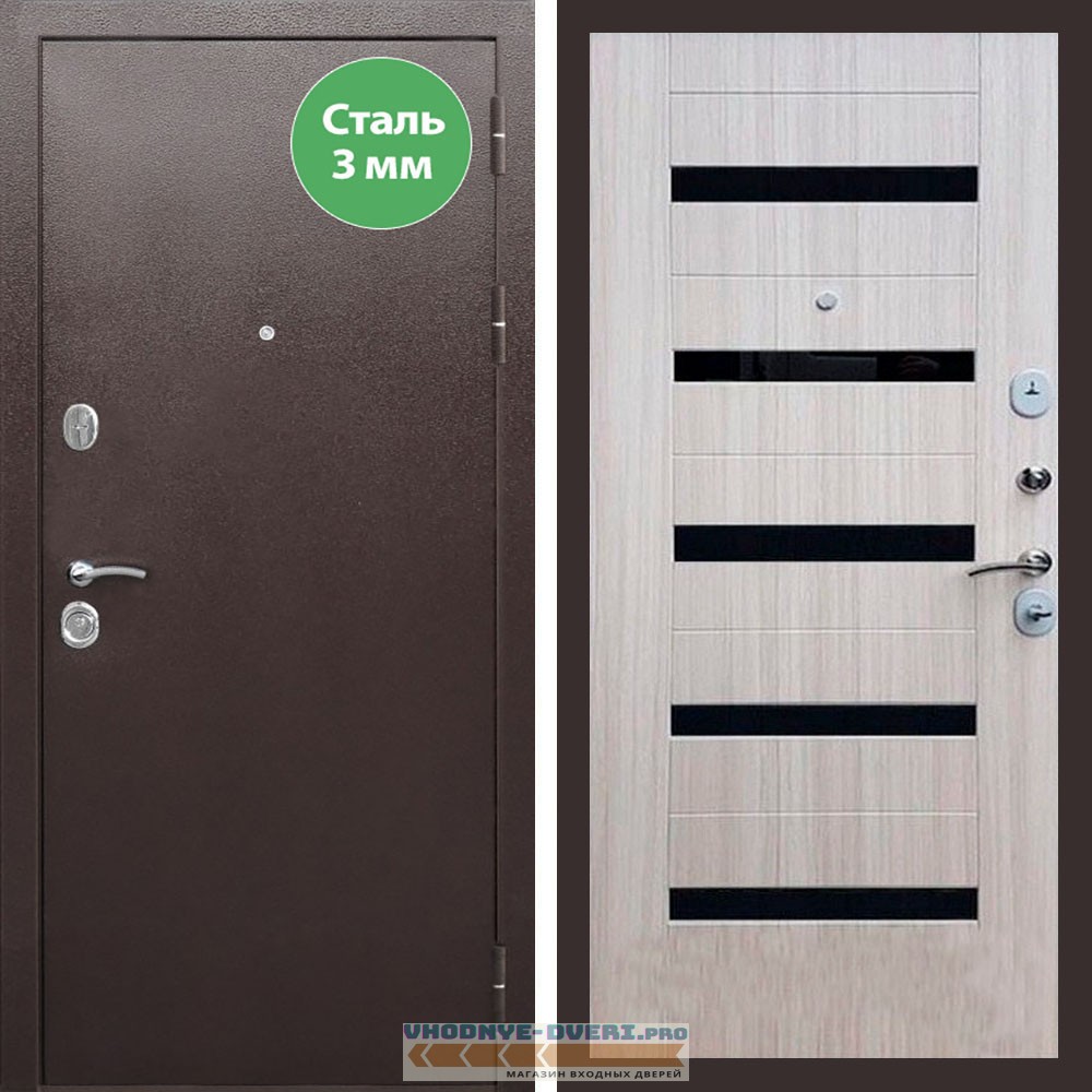 Входная дверь REX (Рекс) 5 металл 3мм медный антик СБ-14 сандал светлый черное стекло