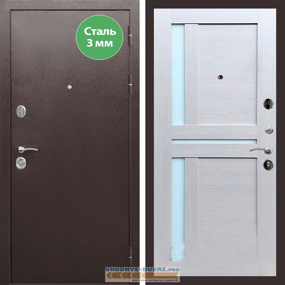 Входная дверь REX (Рекс) 5 металл 3мм медный антик сб-18 лиственница бежевая белое стекло