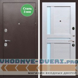 Входная дверь REX (Рекс) 5 металл 3мм медный антик сб-18 лиственница бежевая белое стекло