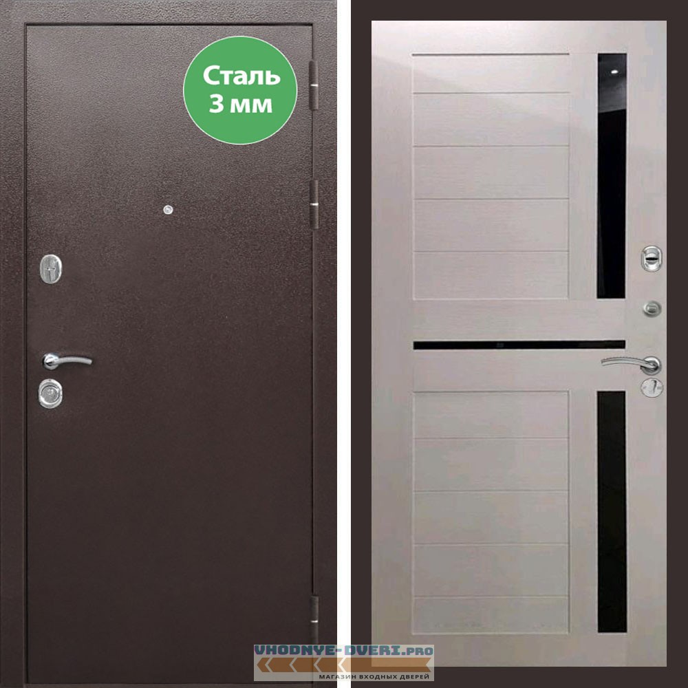 Входная дверь REX (Рекс) 5 металл 3мм медный антик сб-18 лиственница бежевая черное стекло