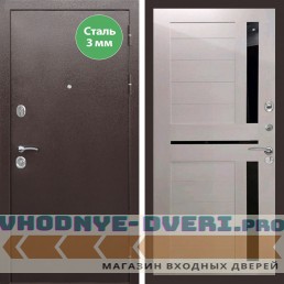 Входная дверь REX (Рекс) 5 металл 3мм медный антик сб-18 лиственница бежевая черное стекло