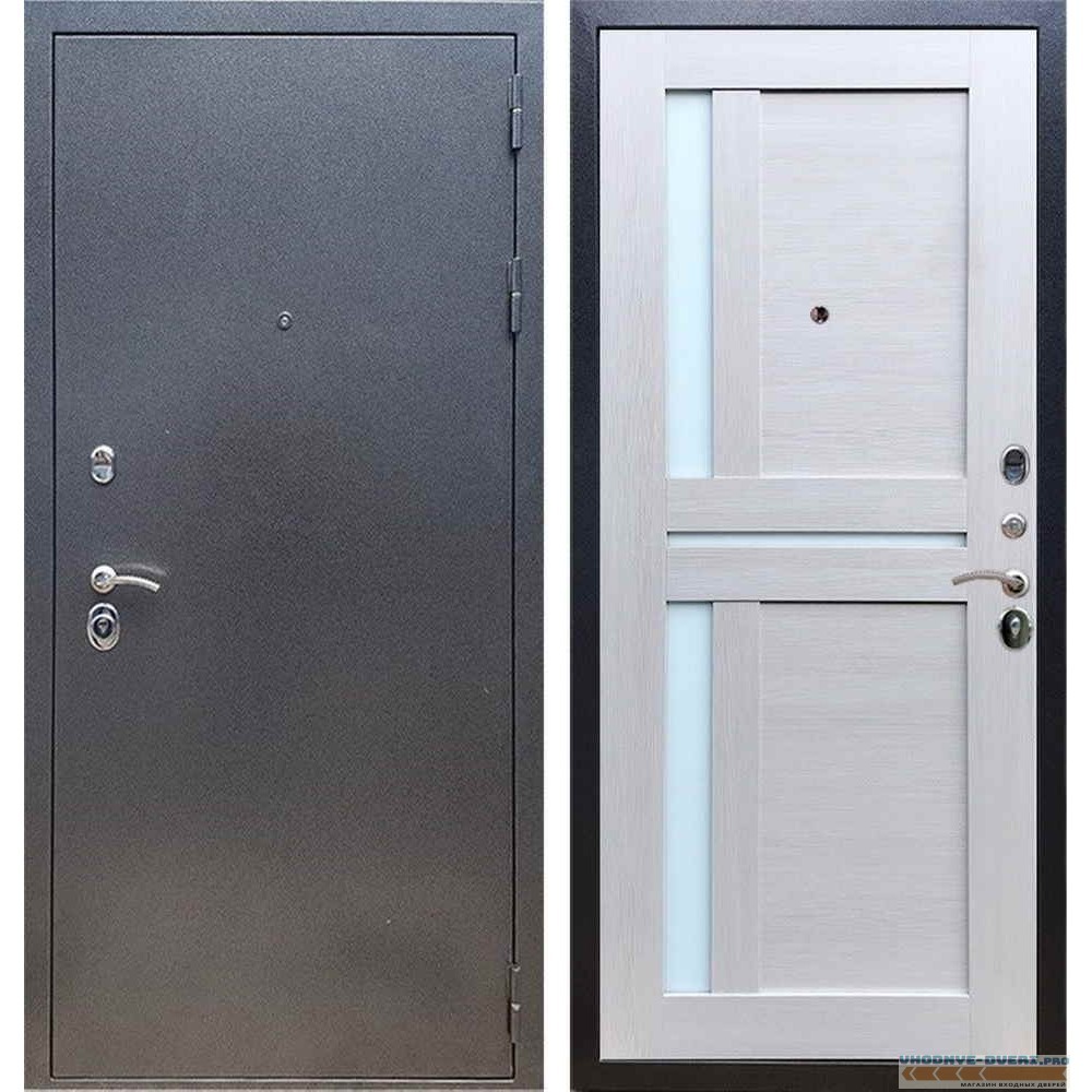 Входная дверь REX 11 Антик серебро СБ-18 Лиственница бежевая, белые стекла