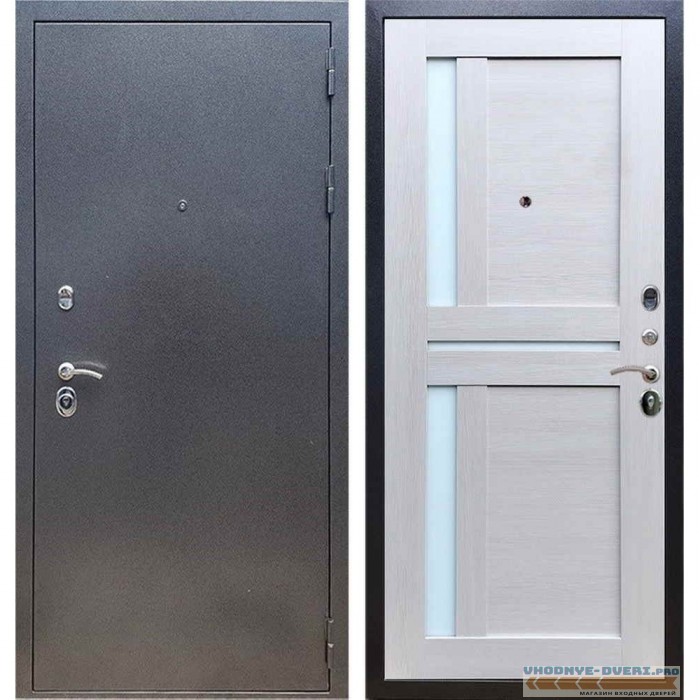 Входная дверь REX 11 Антик серебро СБ-18 Лиственница бежевая, белые стекла