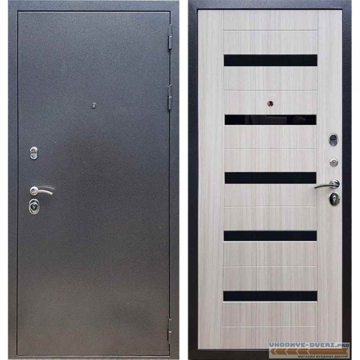 Входная дверь REX 11 Антик серебро СБ-14 Сандал белый, черные стекла