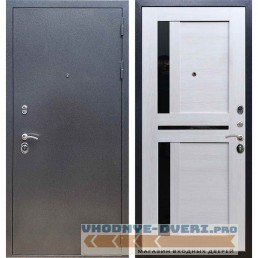 Входная дверь REX 11 Антик серебро СБ-18 Лиственница бежевая, черные стекла
