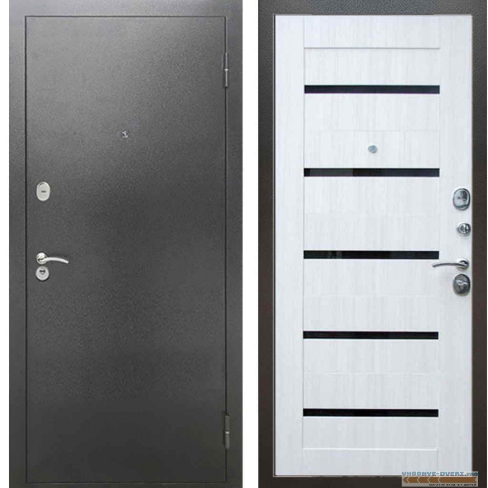 Входная металлическая дверь Рекс 2А Серебро антик СБ 14 Черное стекло Сандал белый