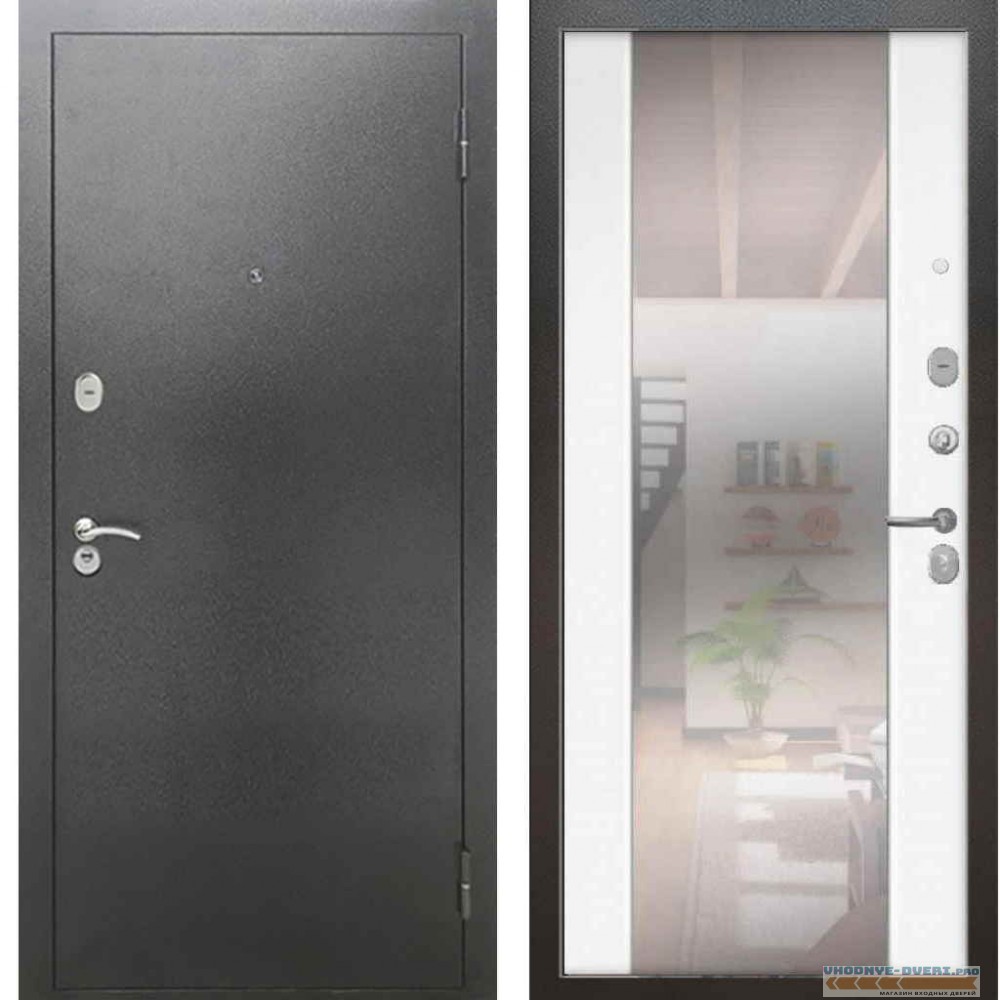 Входная металлическая дверь Рекс 2А Серебро антик СБ 16 с зеркалом Силк сноу