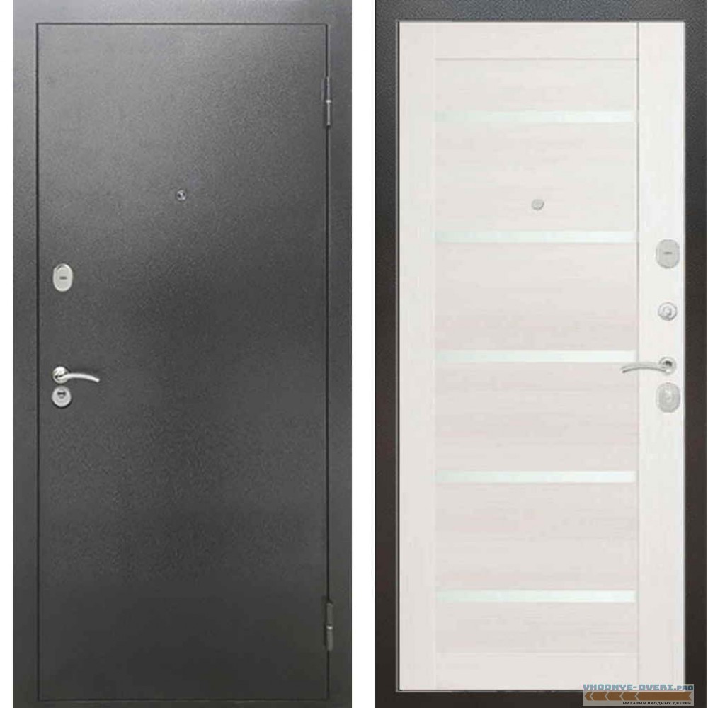Входная металлическая дверь Рекс 2А Серебро антик СБ 14 Белое стекло Лиственница бежевая