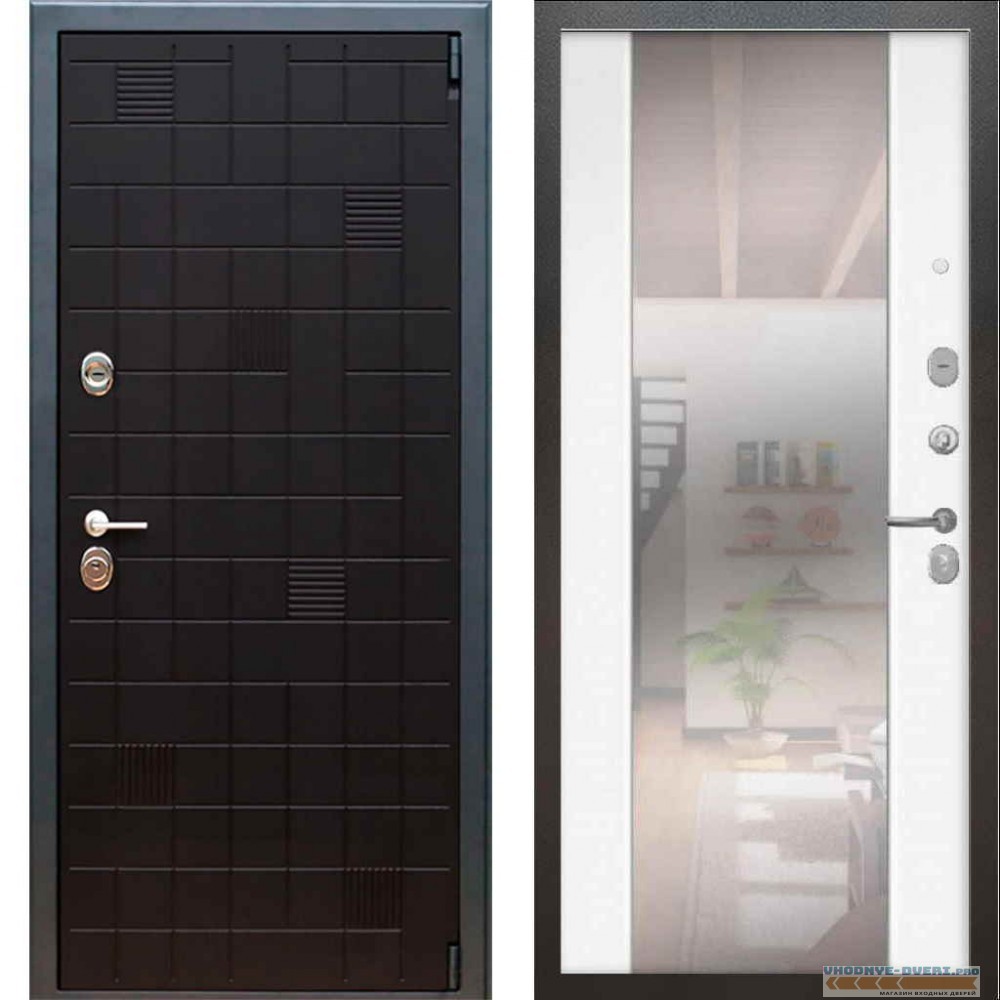 Входная металлическая дверь Рекс 12 Тетрис СБ 16 с зеркалом Силк сноу
