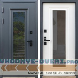 Shelter: Дверь стальная ГРАНИТ ОКНО MAX (терморазрыв) Муар RAL-7024/ Белый матовый