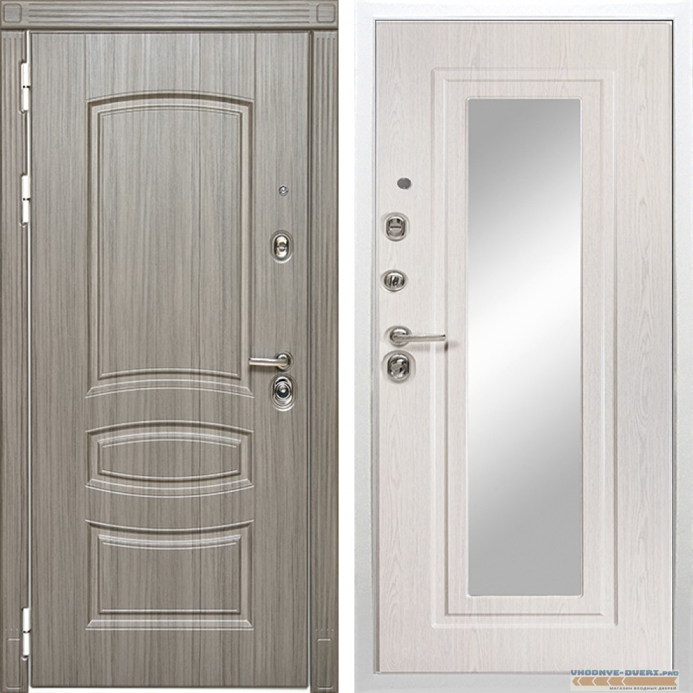 Стальная дверь в квартиру Сударь Diva MD 42 Сандал серый - М6 Зеркало Дуб филадельфия крем