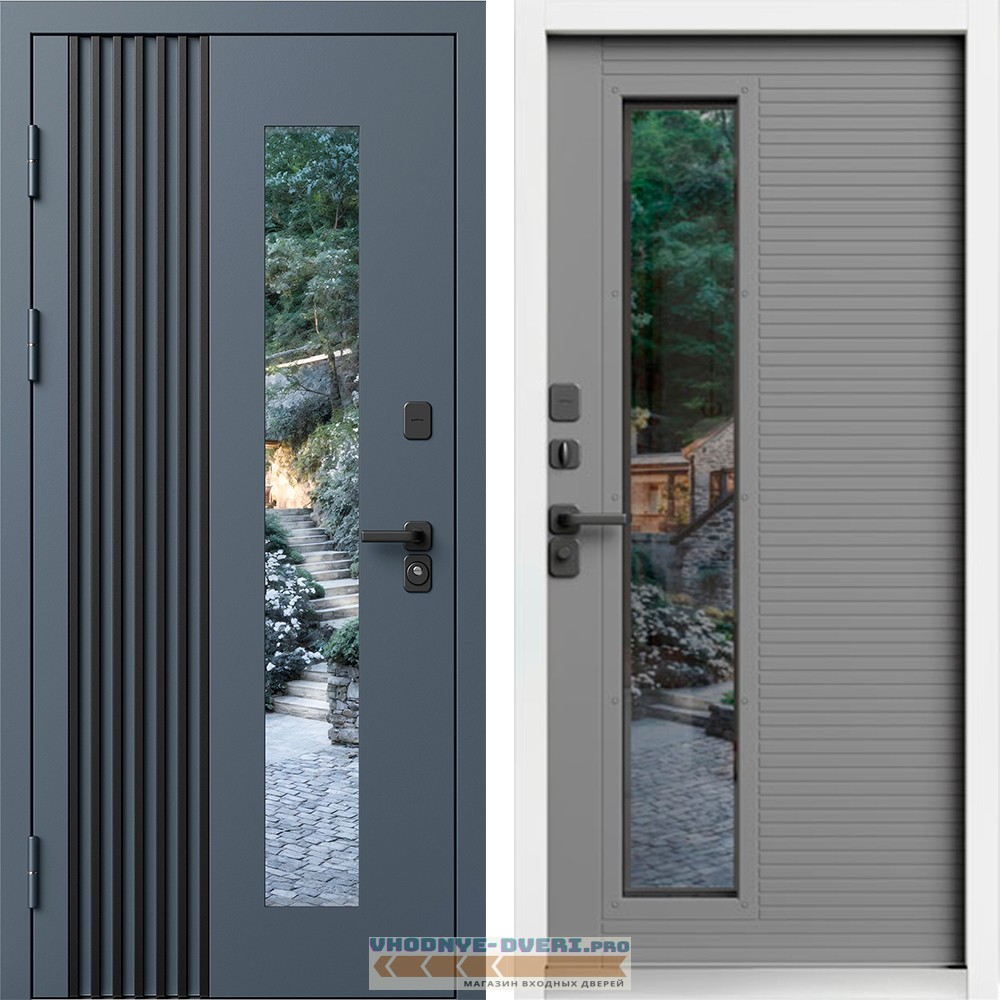 Дверь ТЕРМО ФОРТИС RAL 7024 со стеклопакетом, белый короб - Grey Soft