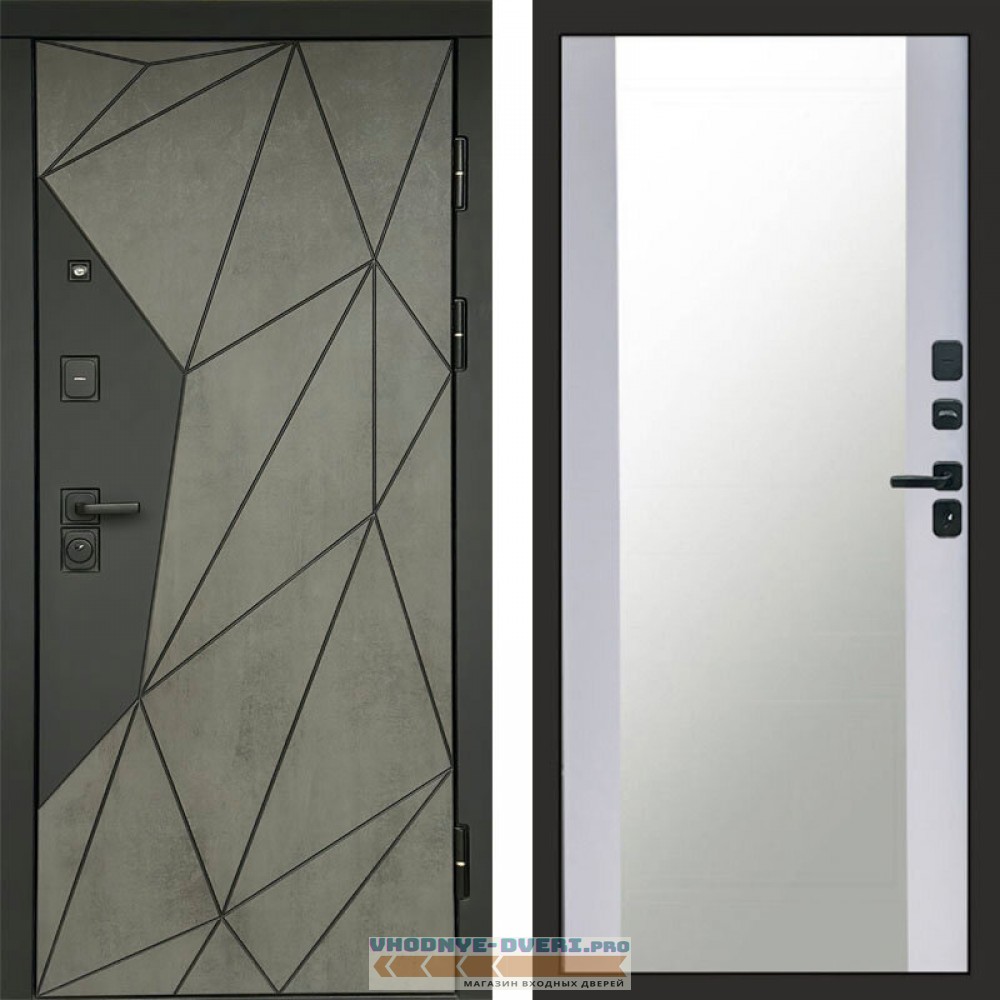Входная дверь Геометрия Бетон Зеркало белый софт