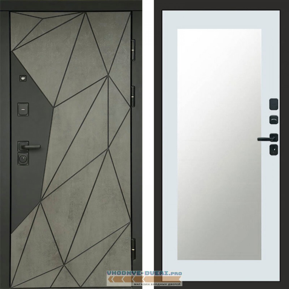 Входная дверь Геометрия Бетон Зеркало триумф белый софт