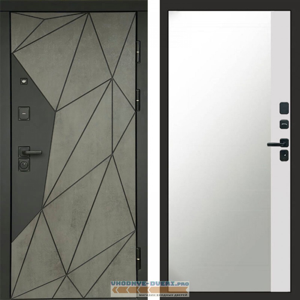 Входная дверь Геометрия Бетон Зеркало фацет белый софт