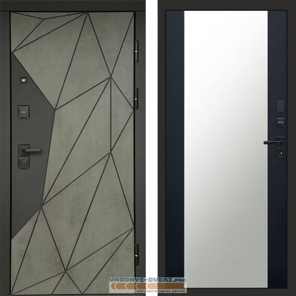 Входная дверь Геометрия Бетон Зеркало черный кварц+тонировка