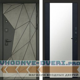 Входная дверь Геометрия Бетон Зеркало черный кварц+тонировка