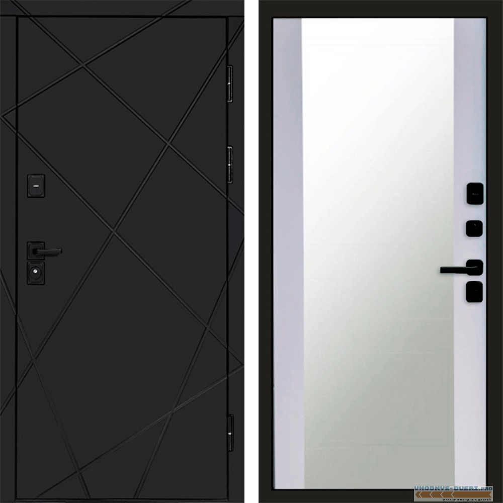 Входная дверь Лучи Black Зеркало белый софт