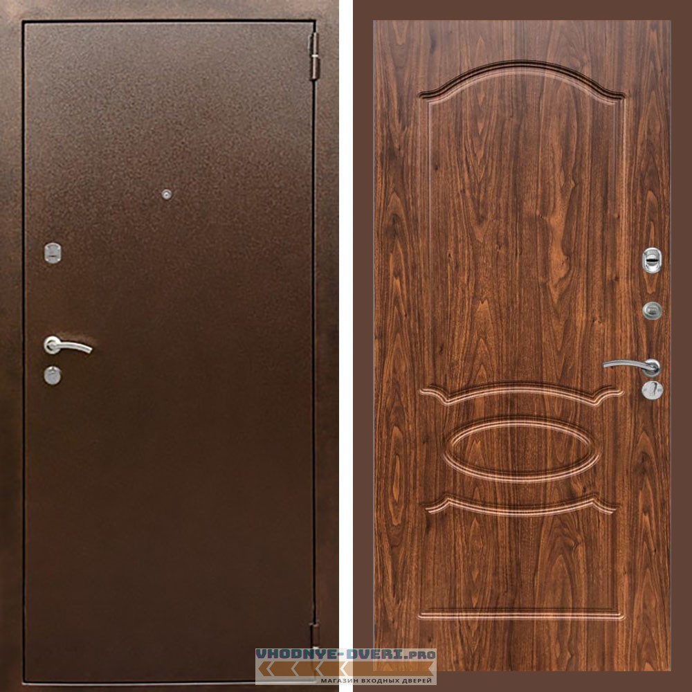 Входная дверь REX (Рекс) 1А Медный антик ФЛ-128 Орех темный