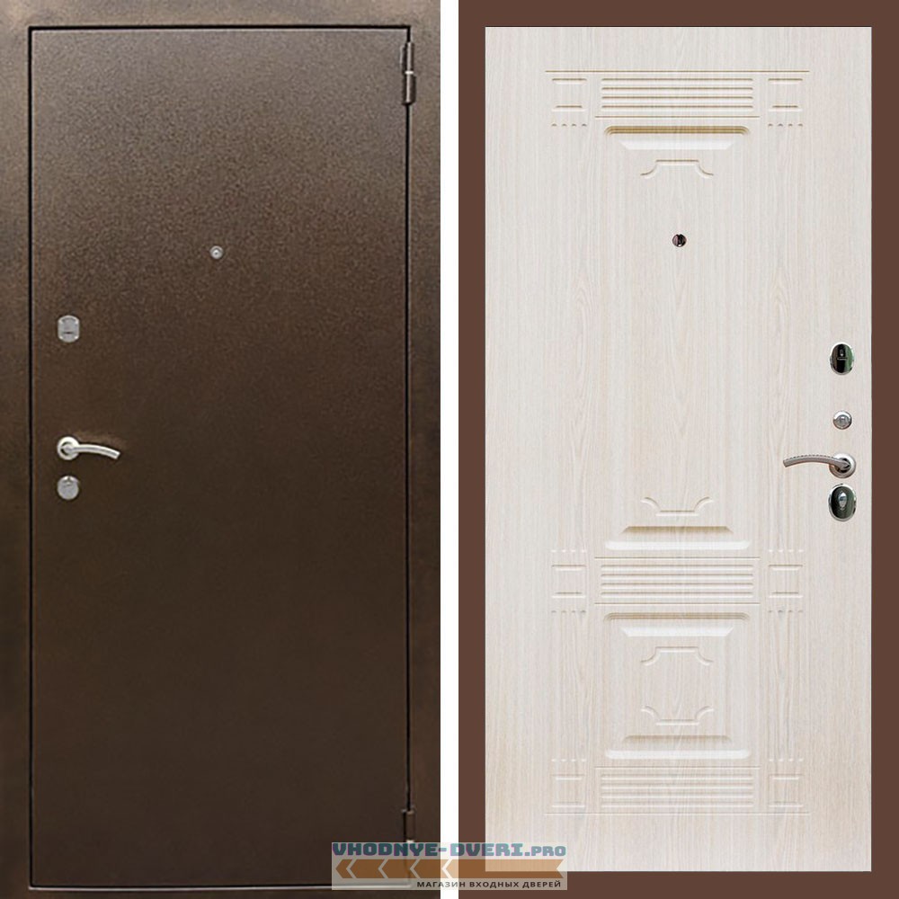 Входная дверь REX (Рекс) 1А Медный антик ФЛ-2 беленый дуб 16мм