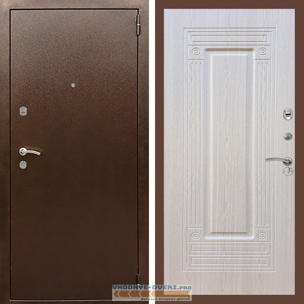 Входная дверь REX (Рекс) 1А Медный антик ФЛ-4 беленый дуб