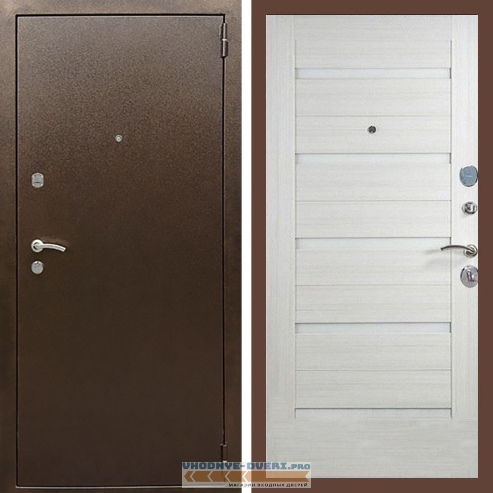 Входная дверь REX (Рекс) 1А Медный антик сб-14 лиственница беж. белое стекло