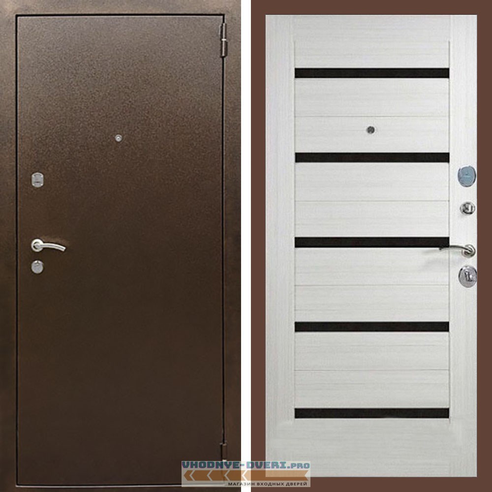 Входная дверь REX (Рекс) 1А Медный антик сб-14 лиственница беж. черное стекло