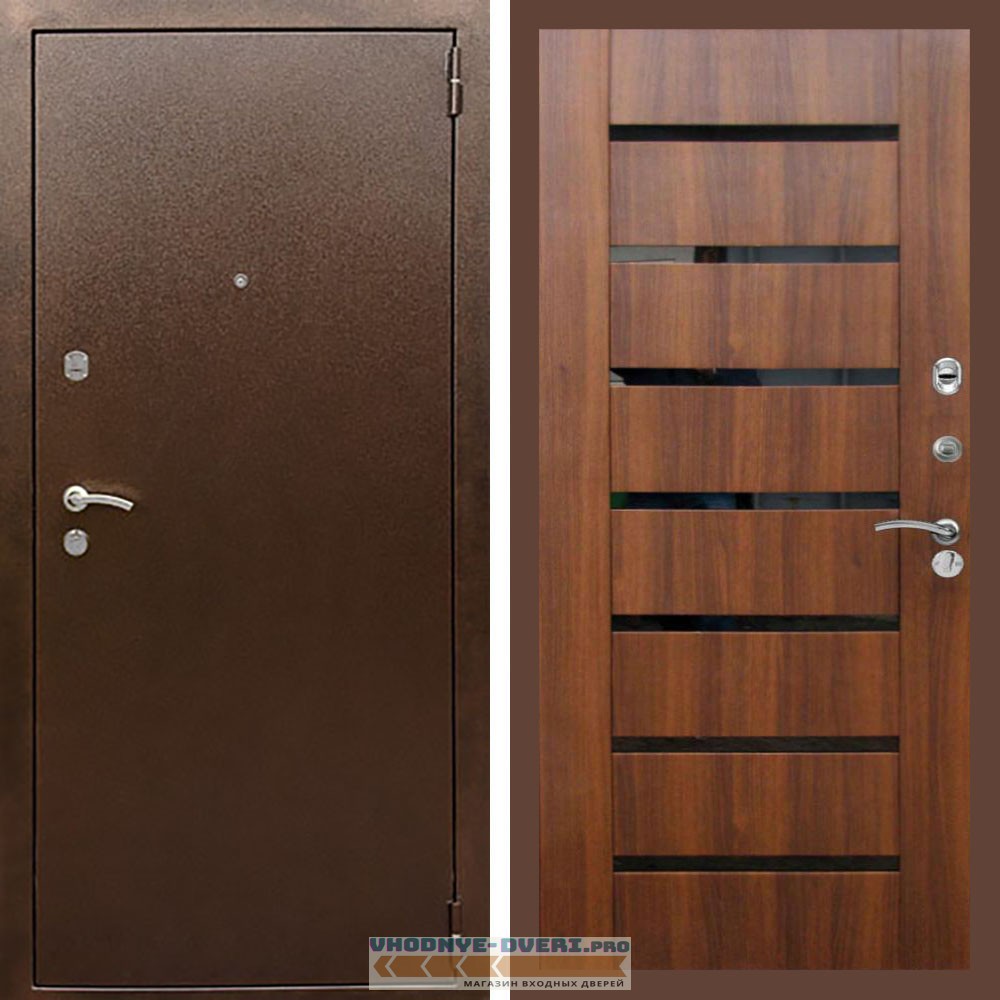 Входная дверь REX (Рекс) 1А Медный антик СБ-14 Орех бренди стекло черное