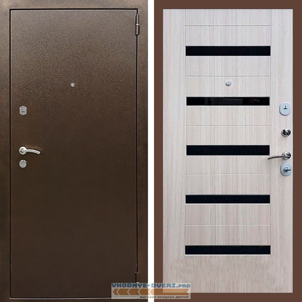 Входная дверь REX (Рекс) 1А Медный антик СБ-14 сандал светлый черное стекло