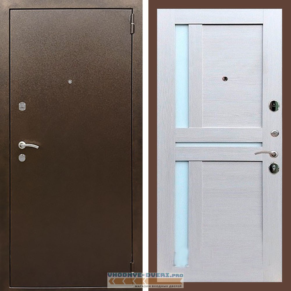 Входная дверь REX (Рекс) 1А Медный антик сб-18 лиственница бежевая белое стекло