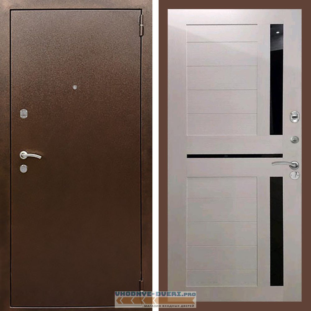 Входная дверь REX (Рекс) 1А Медный антик сб-18 лиственница бежевая черное стекло