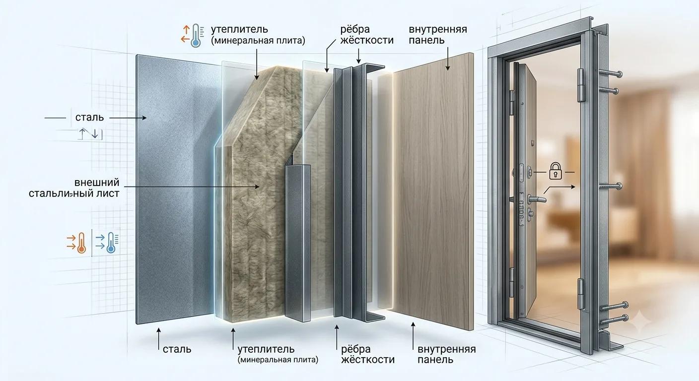 Многослойное заполнение двери «Лабиринт» в разрезе