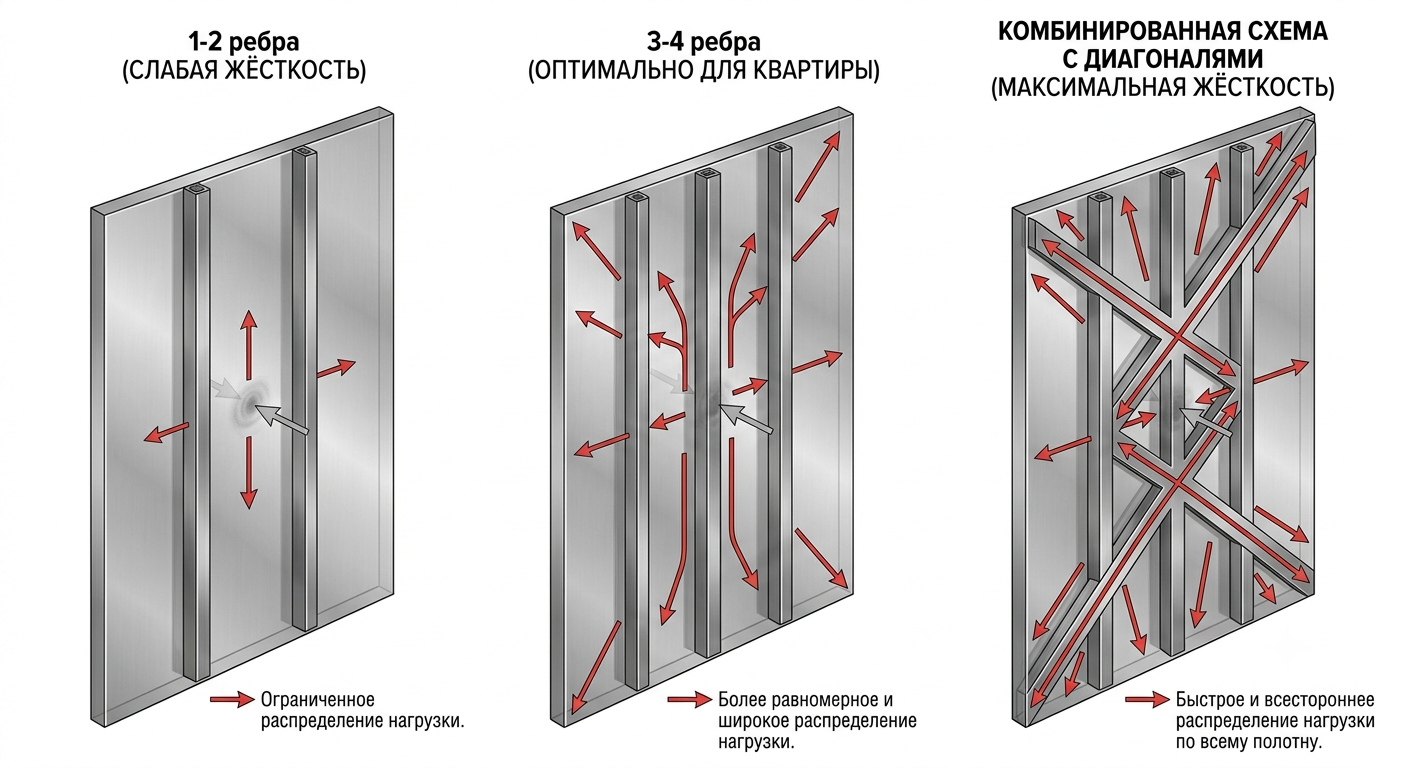 Схемы расположения рёбер жёсткости в полотне двери