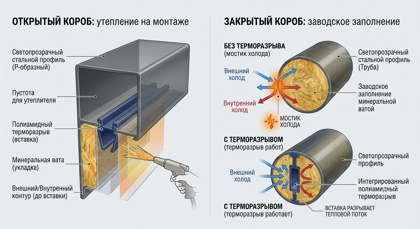 Сравнение открытого и закрытого короба в разрезе