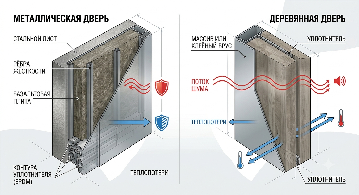 Тепло- и шумоизоляция металлической и деревянной дверей в разрезе