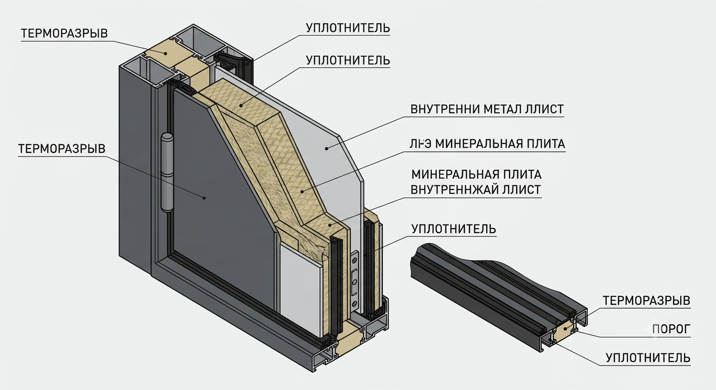 Конструкция двери с терморазрывом и уплотнителями