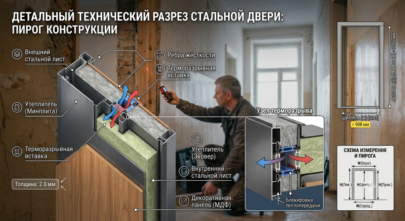 Конструкция стальной двери: терморазрыв и утеплитель