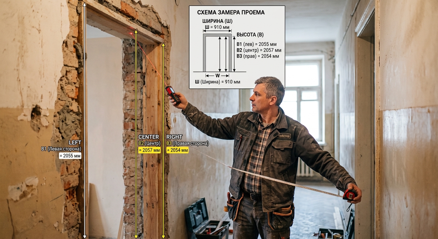 Замер ширины проёма в трёх точках